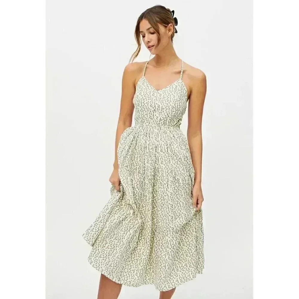 NWT Beachgold Women's Green Karla Backless Midi Dress Small Open Back Tiered